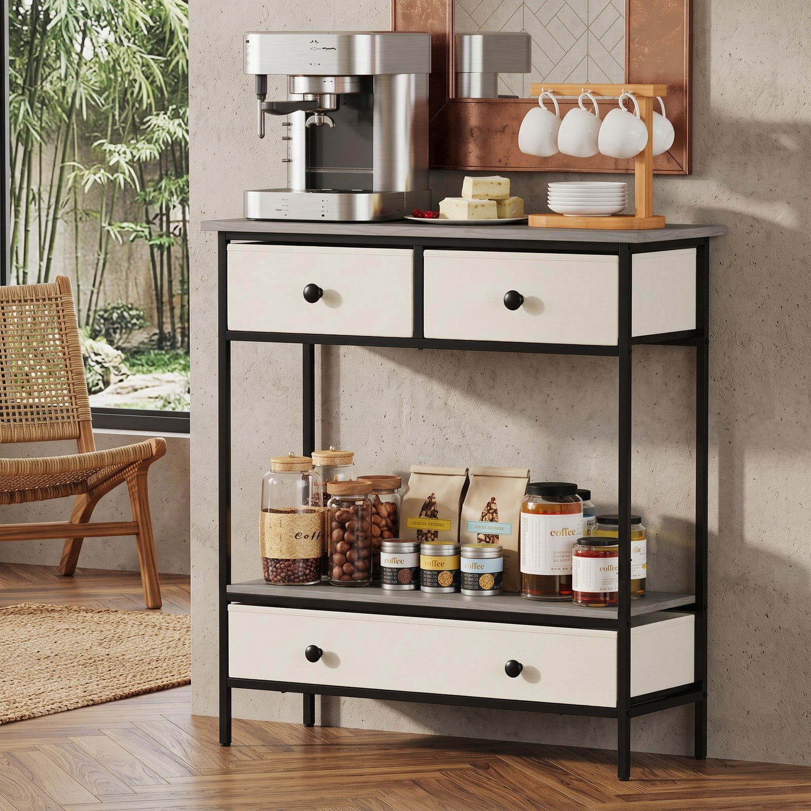 Furnibear Farmhouse Console Table with 3 Fabric Drawers and Open Storage Shelf and Metal Frame for Hallway and Entryway, Gray