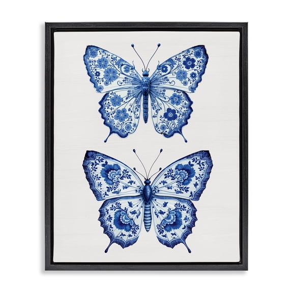 Ornate Toile Pattern Butterflies Black Framed Floater Canvas Wall Art, design by Lettered and Lined