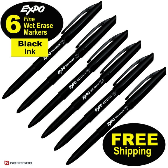 EXPO Wet Erase Marker 2211316, Black Ink, Fine Point, Pack of 6 Markers, FREE Shipping
