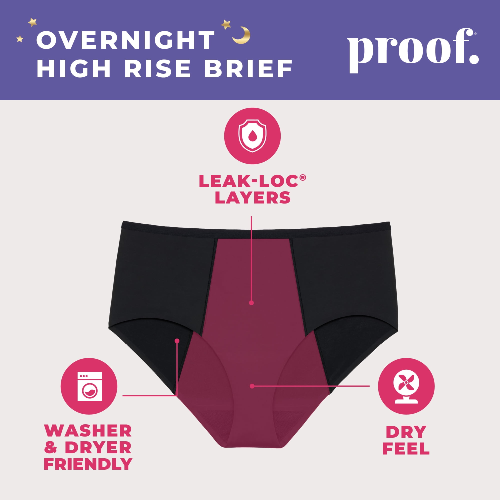 Proof Women's Overnight Absorbency, High Rise Period Underwear, Black, Choose Your Size