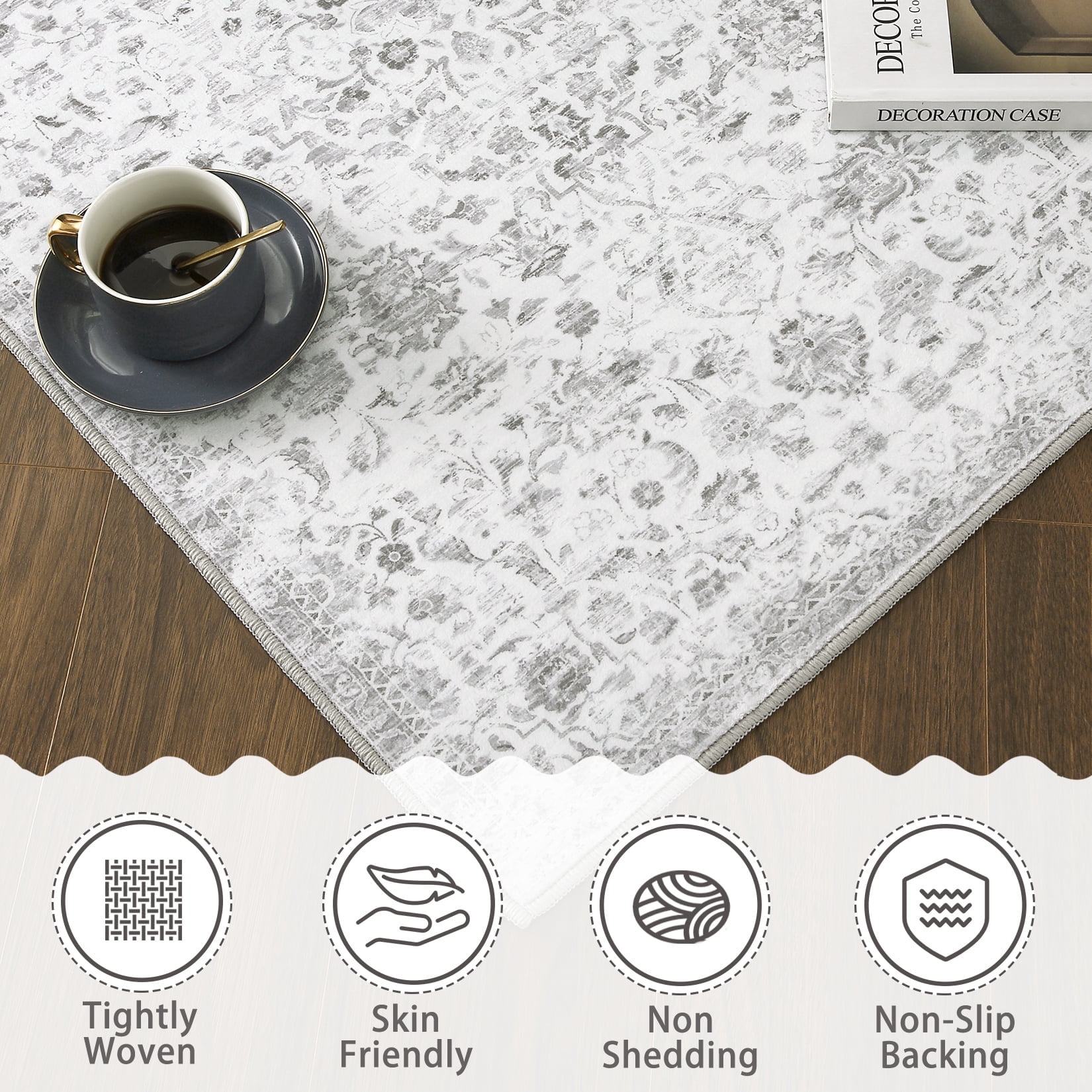 Garvee 9'x12' Large Vintage Rug Floral Print Area Rug Oriental Soft Foldable Thin Carpet Area Rugs for Living Room Bedroom, Gray