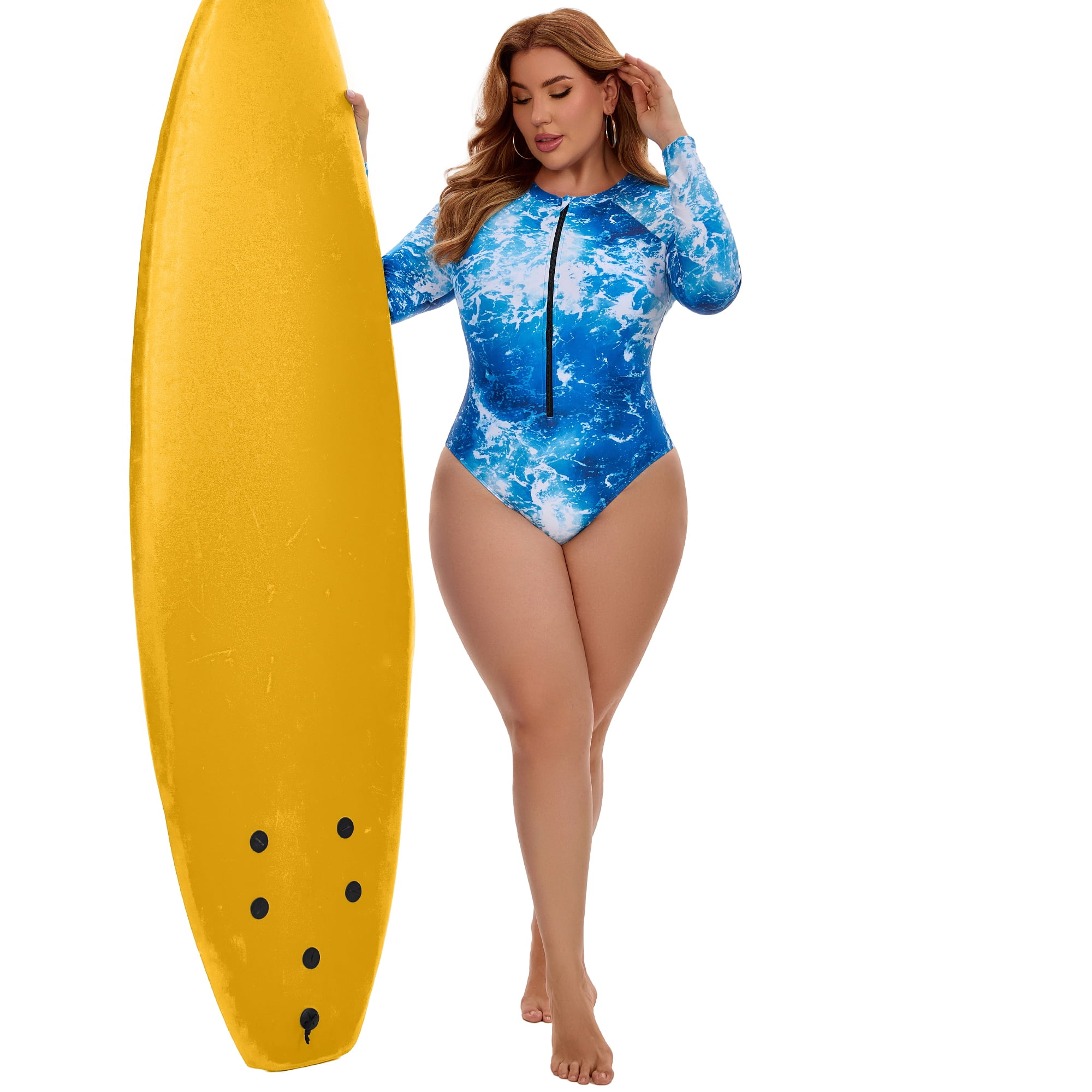 DARING DIVA Women's Plus 1 Piece Surfing Long Sleeve Swimwear L Blue