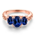 thumbnail image 3 of Gem Stone King 18K Rose Gold Plated Silver Blue Created Sapphire Filigree Style 3 Stone Ring for Women (2.80 Cttw, Oval 8X6MM and 6X4MM) (Size 5), 3 of 6