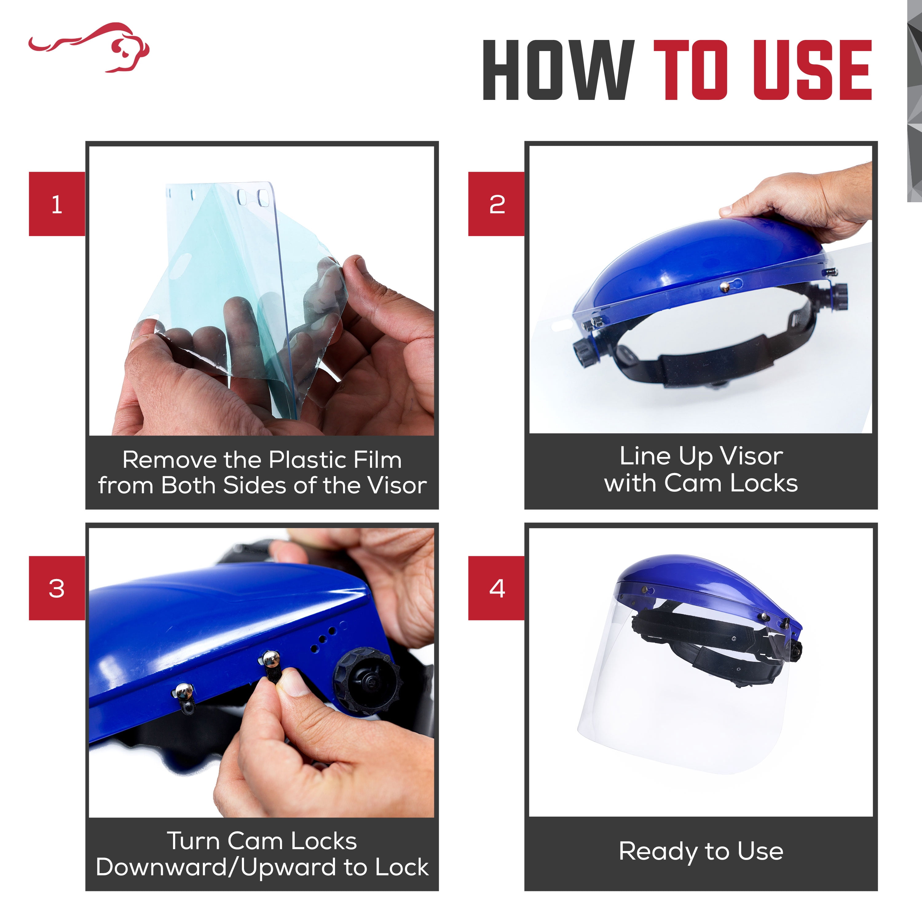 BISON LIFE Safety Blue Headgear with Clear Polycarbonate Face Shield, Adjustable Fit, Pack of 2