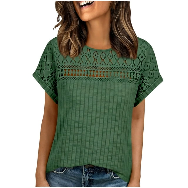 TaTaai 2026 Summer Women’s Ribbed Sheer Trim Tee Short Sleeve Loose Blouse Casual Solid Color Fashion Top Brushed Patchwork Polyester Daily Shirt Gift