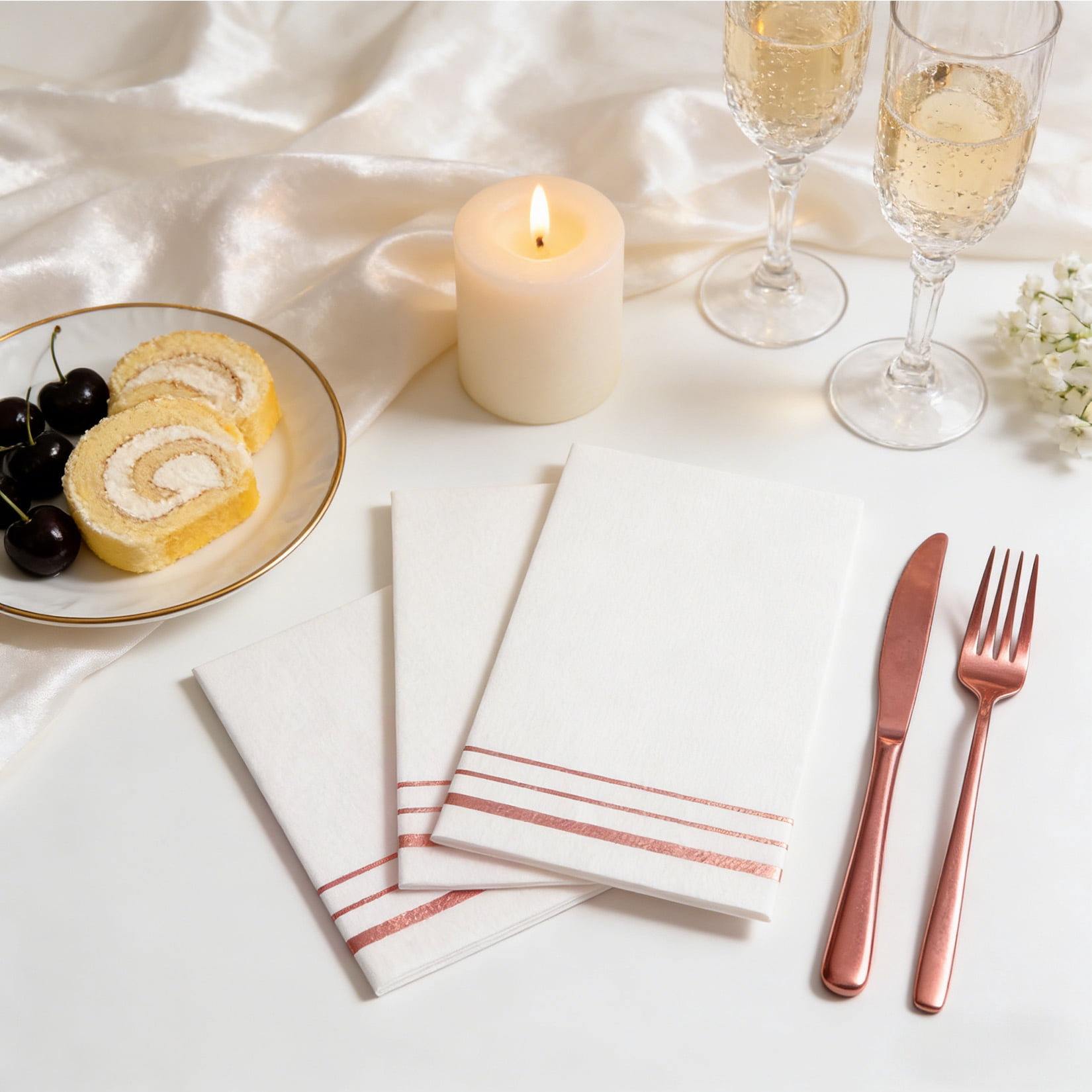 Garvee 300 Pack White and Rose Gold Disposable Paper Napkins, 3-Ply Soft Dinner Napkins with Rose Gold Foil Trim, Absorbent Decorative Guest Towels for Easter Party, Wedding, Birthday, Baby Shower