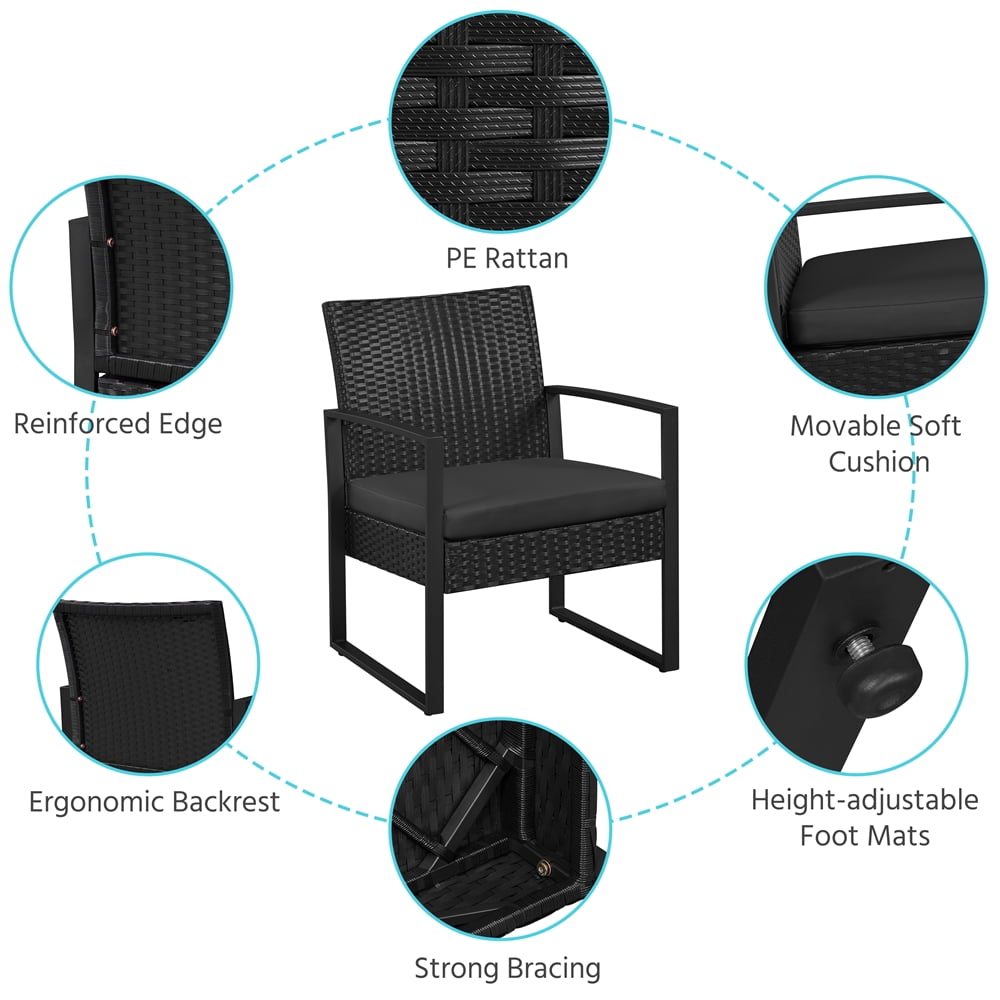 Yaheetech 3-piece Patio Set 2 Rattan Chairs & Table with Cushions, Black