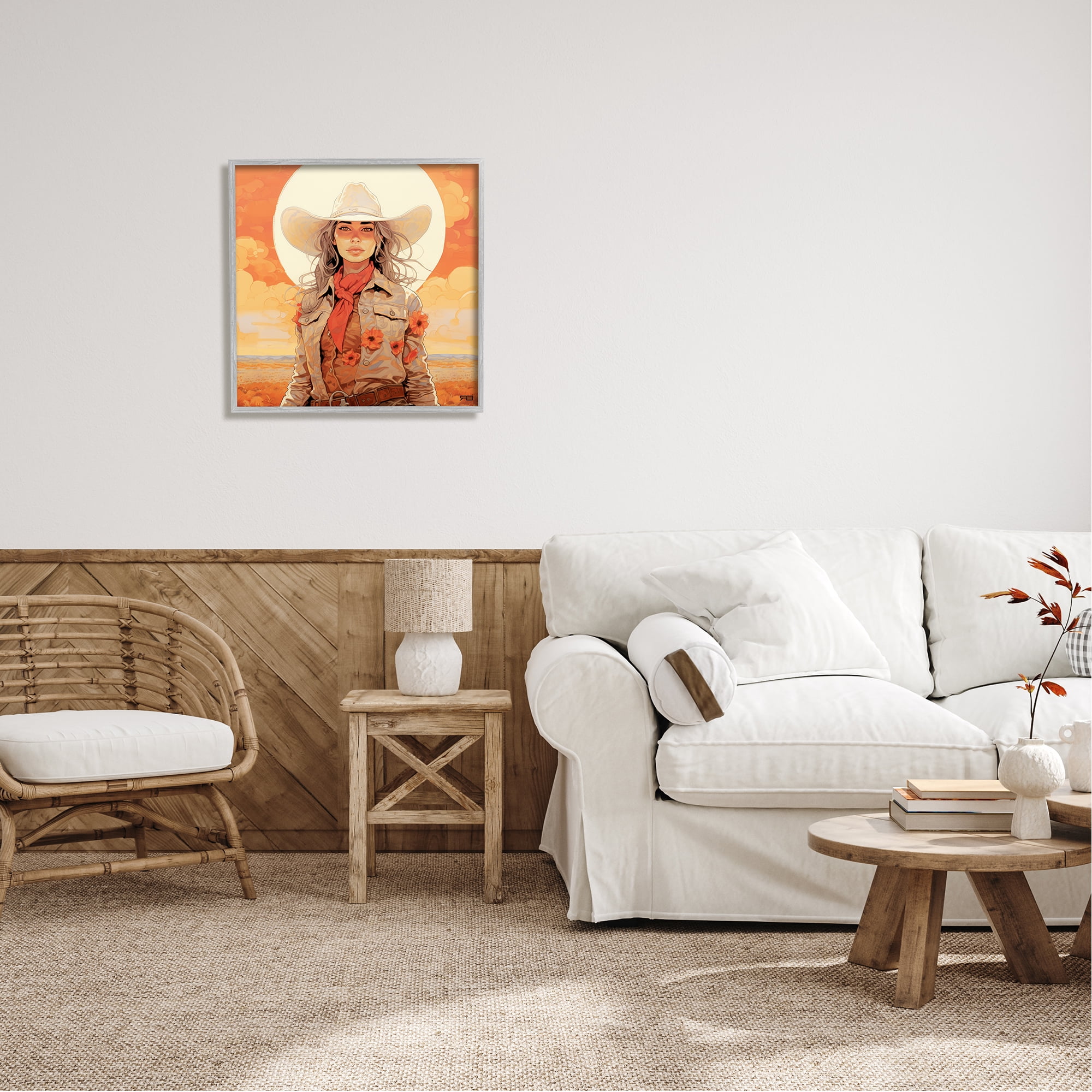 Stupell Industries Cowgirl Desert Moon & Clouds Landscape Painting Gray Framed Art Print Wall Art, 24 x 24
