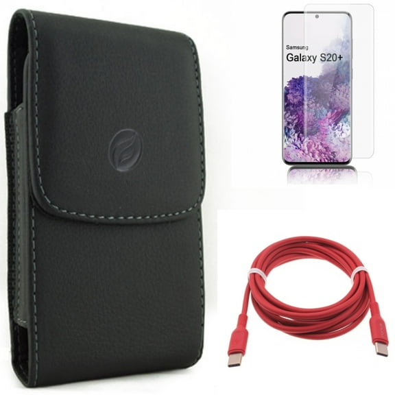 Case Belt Clip w Screen Protector w Red 6ft Long Cable for Samsung Galaxy S20 Plus - Leather Holster Cover, Tempered Glass [Fingerprint Unlock] 3D Curved Edge, USB-C to Type-C PD fits Galaxy S20 Plus