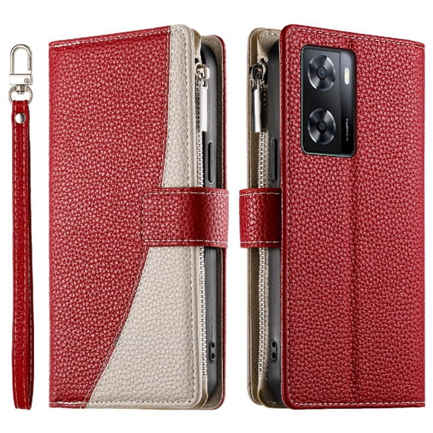 Funda cartera GANGXUN para OPPO A57s 4G/A77s 4G , cuero PU con tarjetero, cremallera, correa de mano, soporte y protección 455°