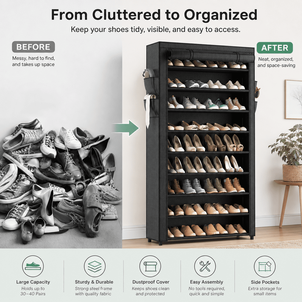 10-Tier Vertical Shoe Rack Storage with Cover, Holds up to 40 Pairs of Shoes, 40 Count, 1 Pack