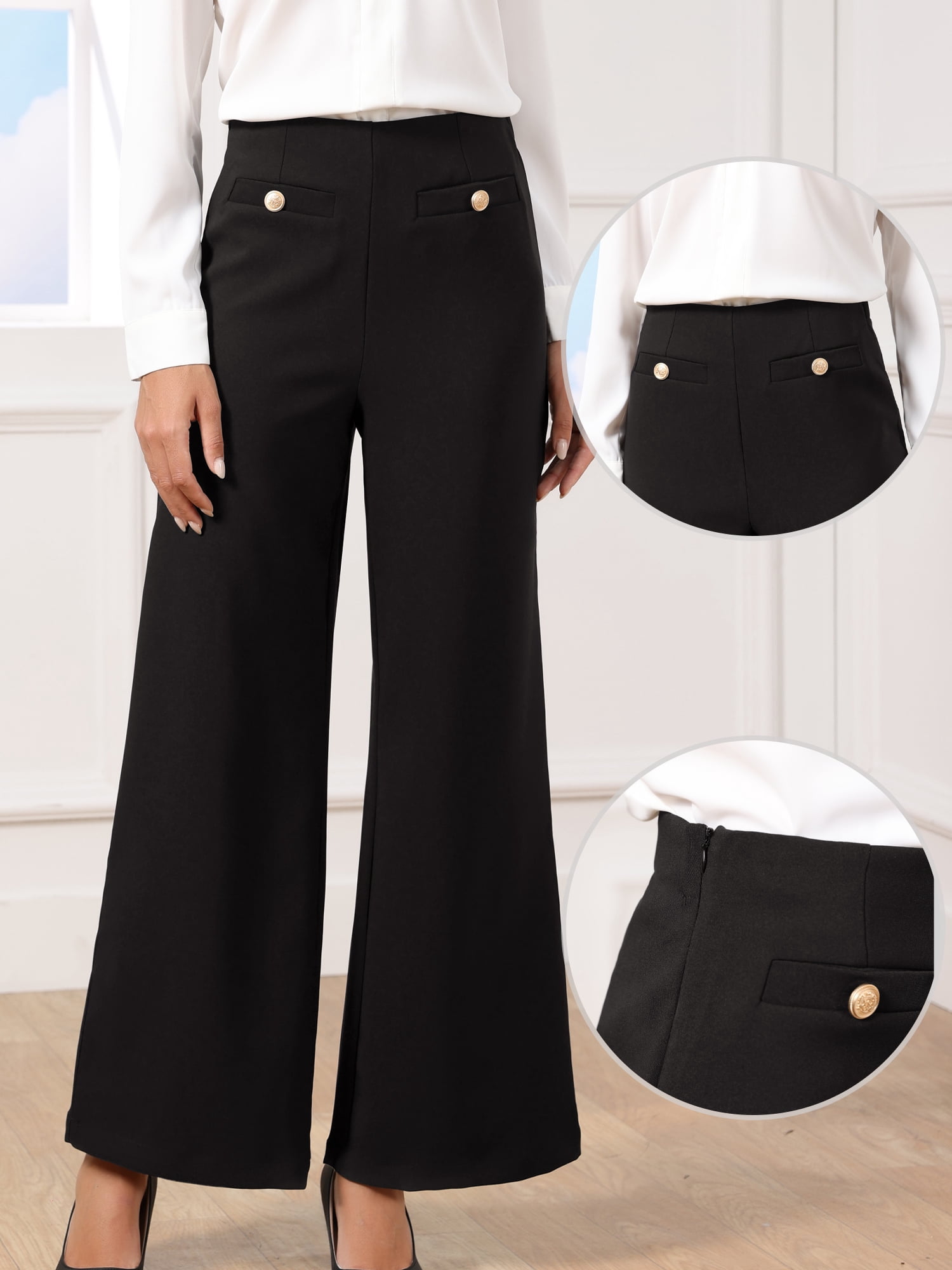 DARING DIVA Women's Wide Leg Dress Pants High Waisted Casual Trousers Small Black