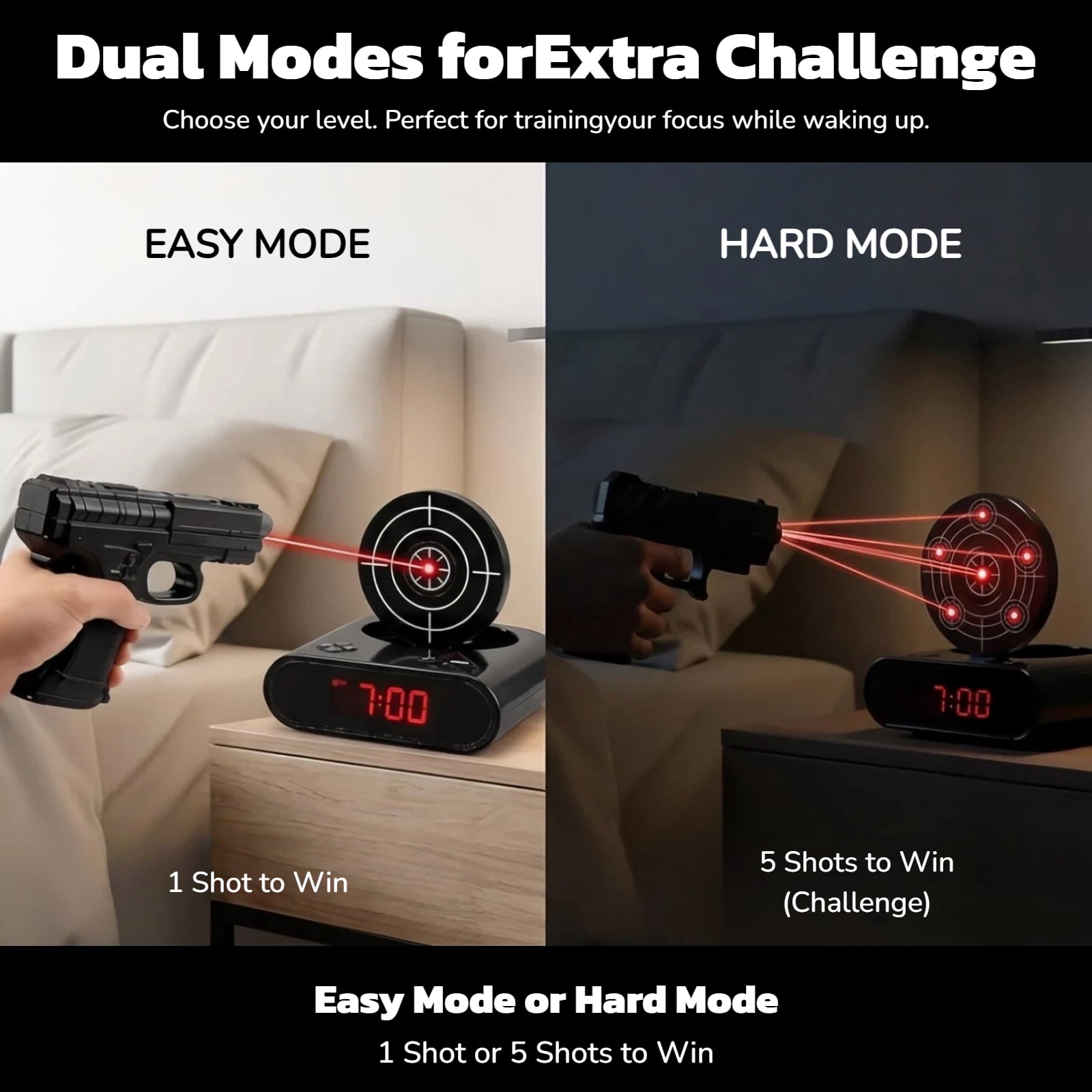 Gun and Target Alarm Clock with Large LED Display Laser Gun Shooting Alarm Clock for Bedroom Unique Alarm Clock