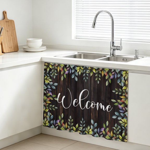 Colorful Leaf Cabinet Curtain, Welcome Wooden Board Watercolor Pastoral Sink Skirt for Bathroom, Under Sink shelf Curtain Privacy Drape for Kitchen Laundry Room 11x13in