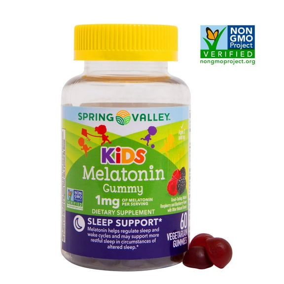 Spring Valley Kids Melatonin Dietary Supplement Gummies, Raspberry, 1 mg, 60 Count