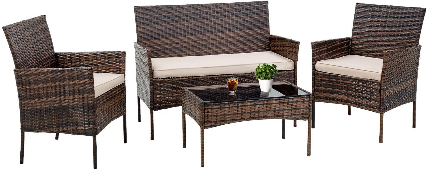 FDW 4-Piece Rattan Outdoor Conversation Set with 2 Chairs and 2 Ottomans, Brown