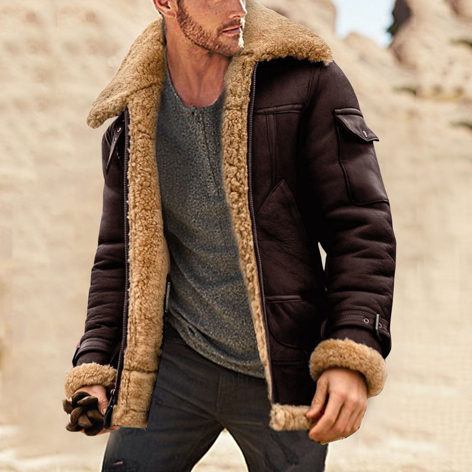 Mens Autumn Winter Mid-Long Long Sleeve Wild Thick Cotton Coats Mens Big Fur Collar Casual Solid Jackets Coat M-5XL