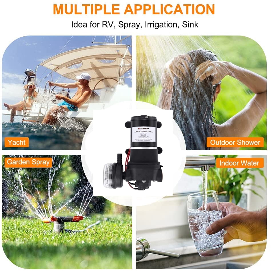 CAMPLUX 12V Water Pump 3.3GPM,Water Pressure Diaphragm Pump Set 40PSI,12.5LPM for RV, Camper