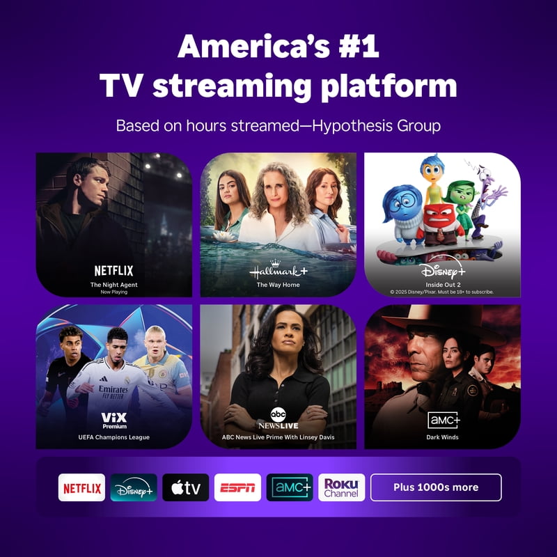 Roku Smart TV 2025 43-Inch Select Series, 4K HDR TV Roku TV with Enhanced Voice Remote front and back view