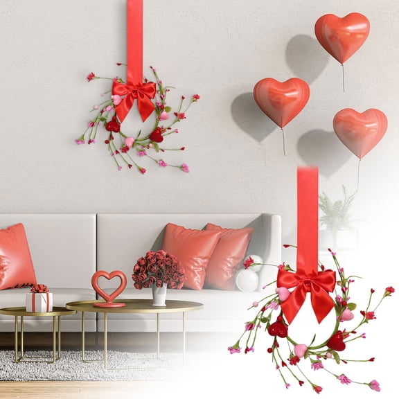 Valentines Day Wreath for Cabinet Front Door, 3In Red Pink Heart Wreath with Artificial Hearts & Berries,Valentine'S Day Bow Wreaths for Wedding Window Home Wall Indoor Decor