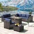 thumbnail image 1 of Kullavik 8-Piece Rattan Patio Furniture Set with 55,000 BTU Fire Pit Table, PE Wicker Rattan Sectional Sofa & Coffee Table, All-Weather Waterproof Furniture for Backyard,Navy Blue, 1 of 8