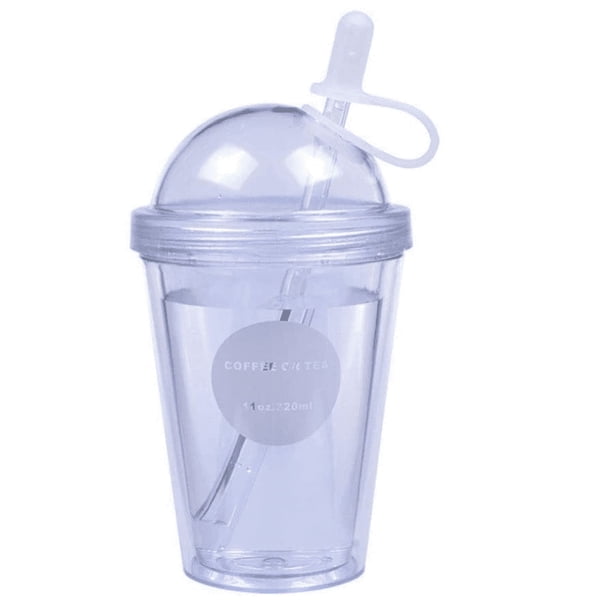 Taza de viaje, taza con pajita portátil a prueba de fugas, taza para bebidas frías con tapa y pajita, doble capa reutilizable 320ml, blanco