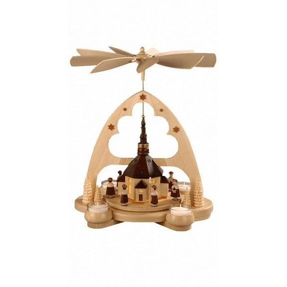 German christmas pyramid arch Seiffen Church, 1-tier, height 36 cm / 14 inch, LED illuminated, battery operated, original Erzgebirge by Müller Seiffen