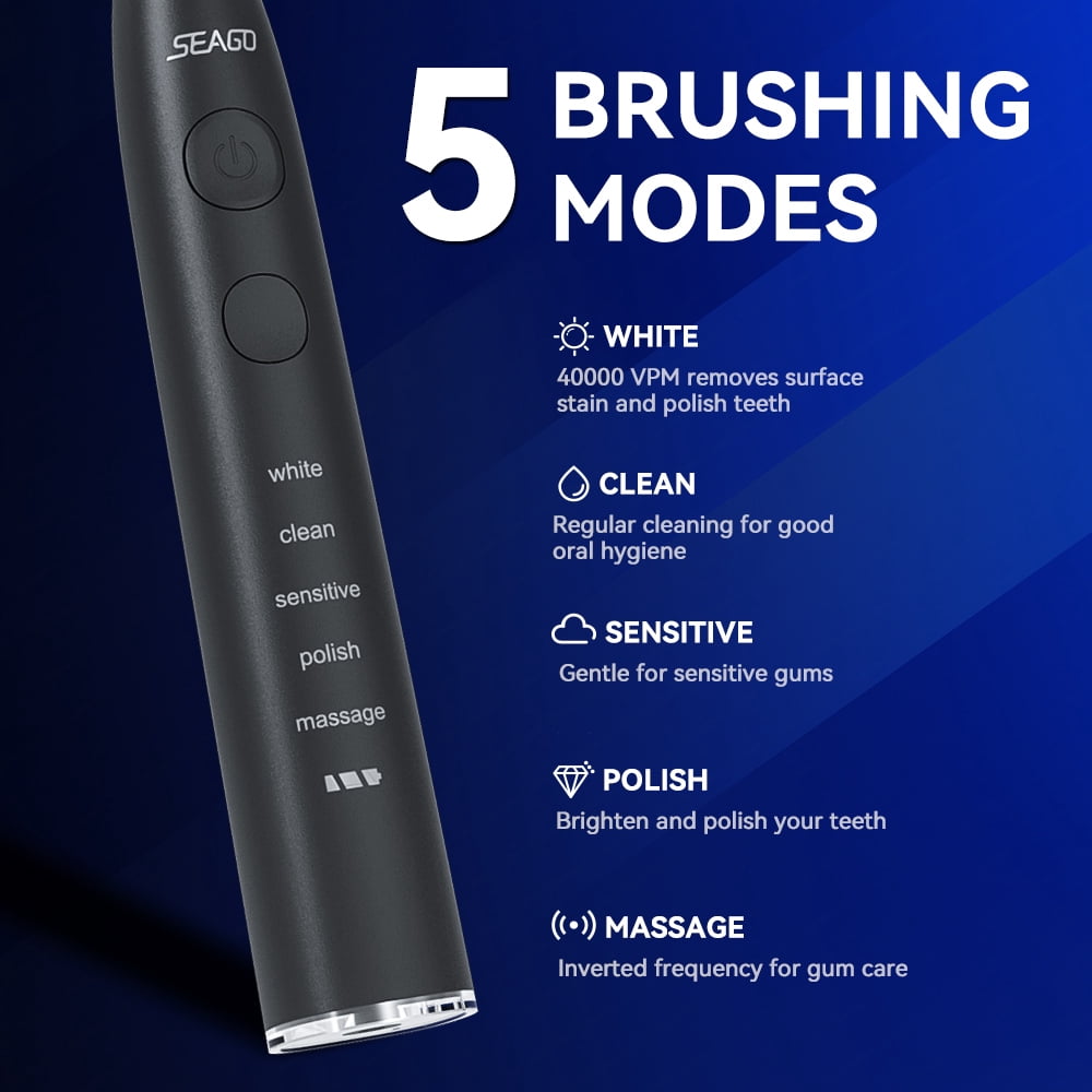 Seago Rechargeable Power Toothbrush for Adults with Travel Case, 5 Cleaning Modes, 300 Days  Battery Life ,SG-575 Blue