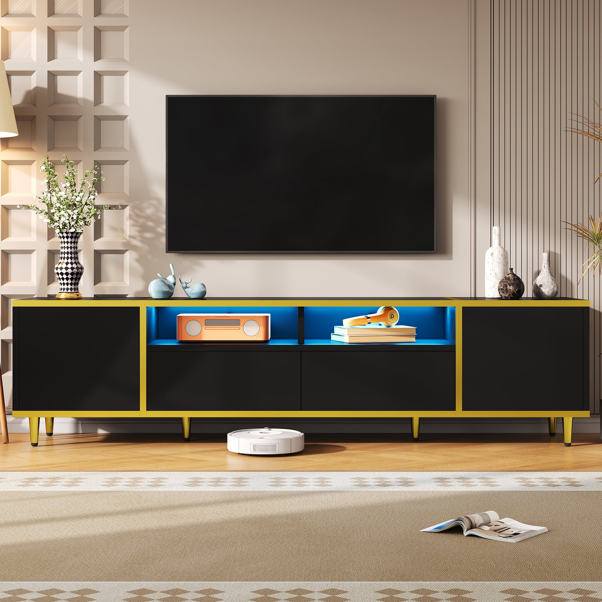 Aukfa Modern TV Stand for TVs up to 80" with App-Controlled LED and Metal Legs for Living room,Black