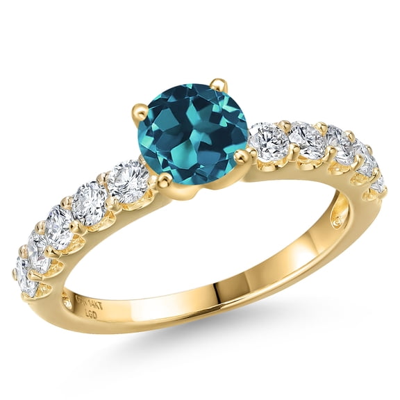 Gem Stone King 14K Yellow Gold London Blue Topaz and Lab Grown Diamond Engagement Ring for Women | 1.35 Cttw | Round 5MM | Gemstone November Birthstone | Size 9