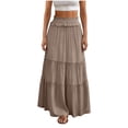 thumbnail image 3 of Long Skirts for Women Solid Color Elastic High Waist Tiered Pleated Casual Boho Flowy Beach Holiday Summer Maxi Skirt S-2XL, 3 of 6