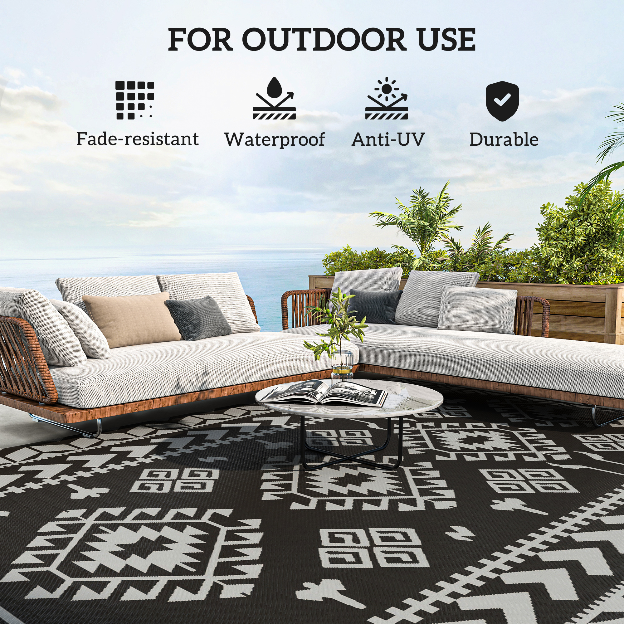 Outsunny Outdoor Patio Rug, Large Camping Carpet with Carrying Bag, 9' x 18' Waterproof Plastic Straw, Reversible, Black & Gray Rhombus Patchwork