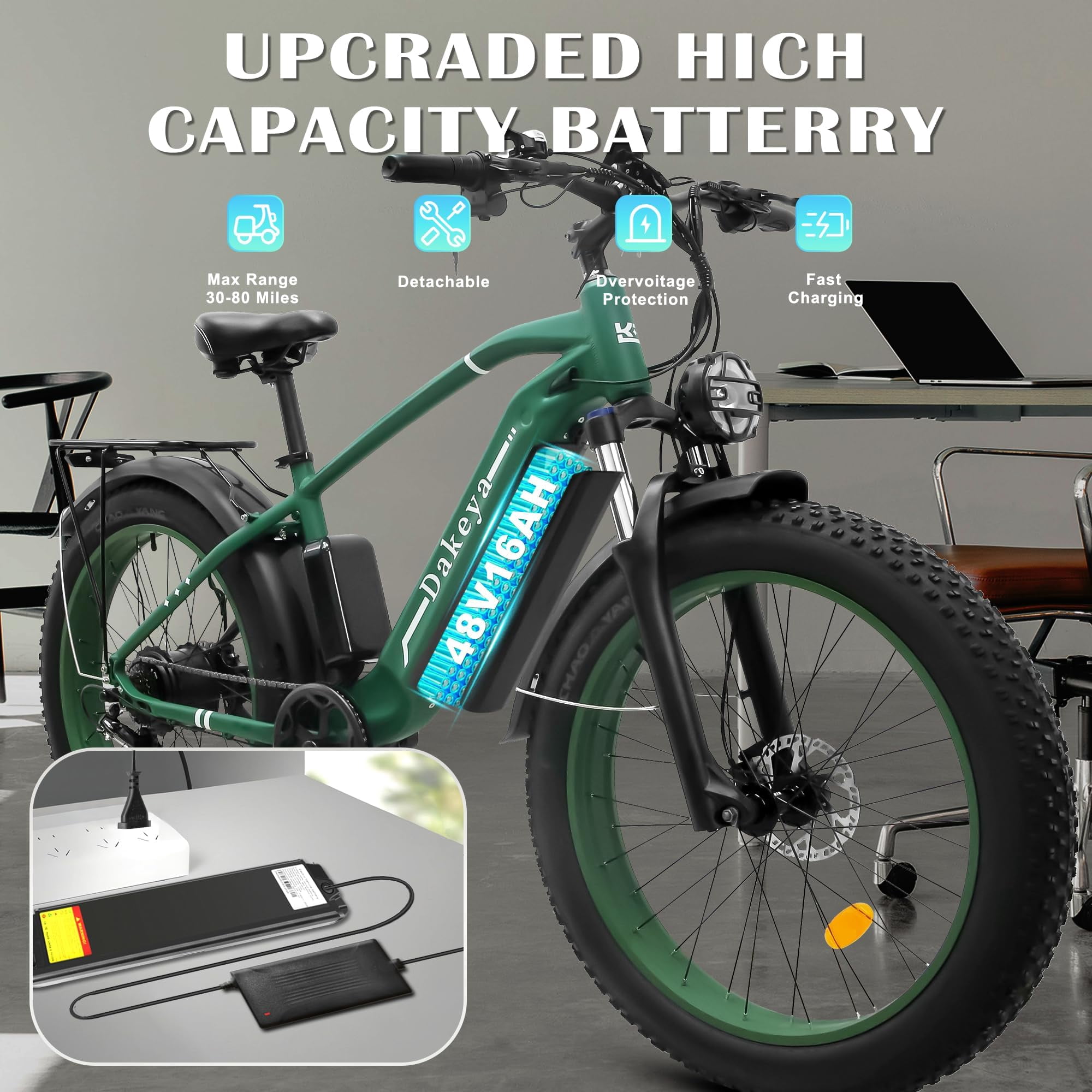 Electric Bike for Adults, 26x4.0 Fat Tire E-Mountain Bicycle, Peak 1600W Motor 48V-16Ah with 7 Speed, Mountain Bike Beach Snow Ebike for Men, Blue