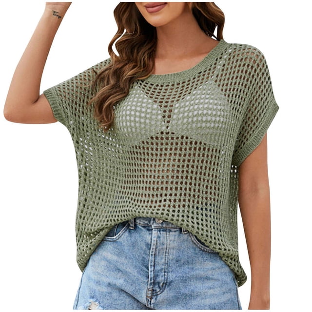 Yuyuzo Hauts Crochet pour Femmes Manches Courtes Chemises d'Été Col Rond Chandail Ajouré