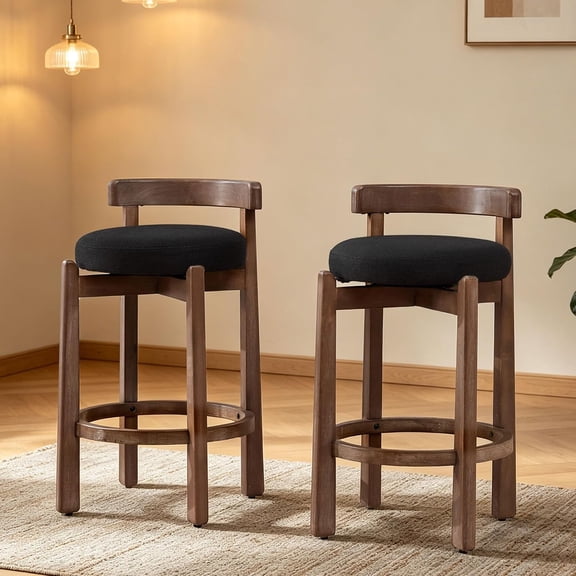LQLI Set of 2 Swivel Counter Stools, 26" Upholstered Bar Stools, Black | Linen Mid-Century Modern Bar Chairs with Footrest, Solid Rubberwood Frame for Kitchen Island