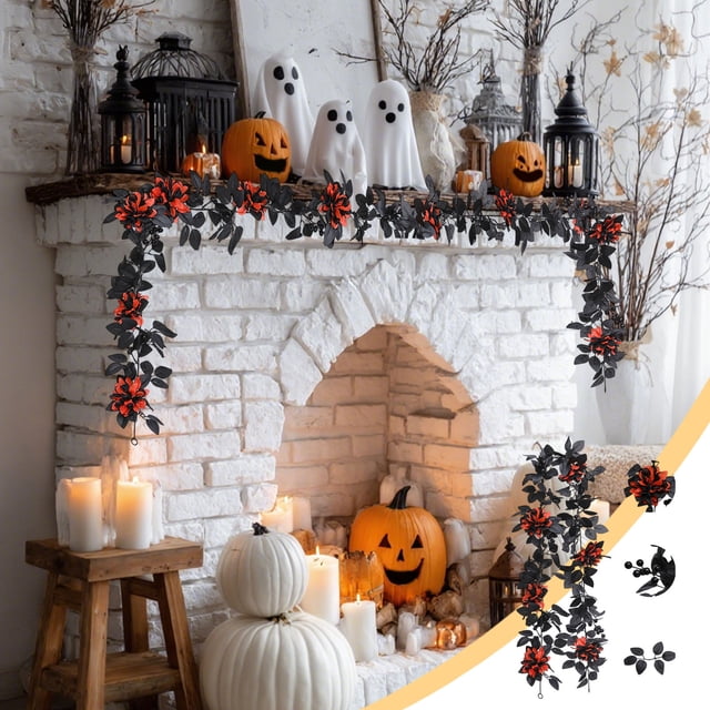 Decoraciones de Halloween, adornos de Halloween, simulación de hojas de rosa negra de ratán, arreglo de decoración para el hogar de Halloween, hojas de rosa artificiales de ratán, hojas de rosa de plá