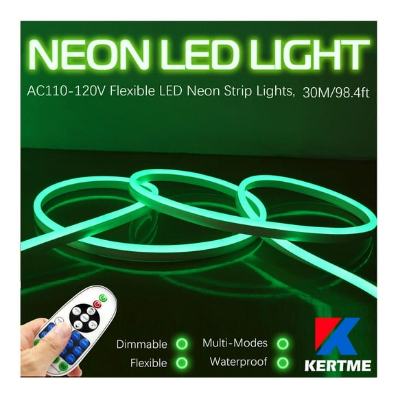 KERTME Bande Lumineuse Néon Led Type AC 110-120V, Flexible/étanche/dimmable/multi-modes + Télécommande 23 Touches pour Décoration Maison/jardin/bâtiment (98.4 Pieds/30m, Vert)