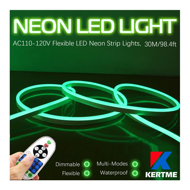 KERTME Neon Led Type AC 110-120V LED NEON Light Strip, Flexible/Waterproof/Dimmable/Multi-Modes LED Rope Light + 23 Keys Remote for Home/Garden/Building Decoration (98.4ft/30m, Green)