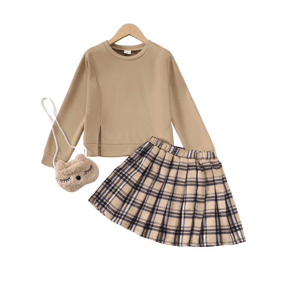 Mikrdoo 8 Years Big Girls 3Pcs Outfits Solid Color Long Sleeve Casual Tops Plaid Print Pleated Skirts With A Satchel For Kid's Spring Autumn Apricot