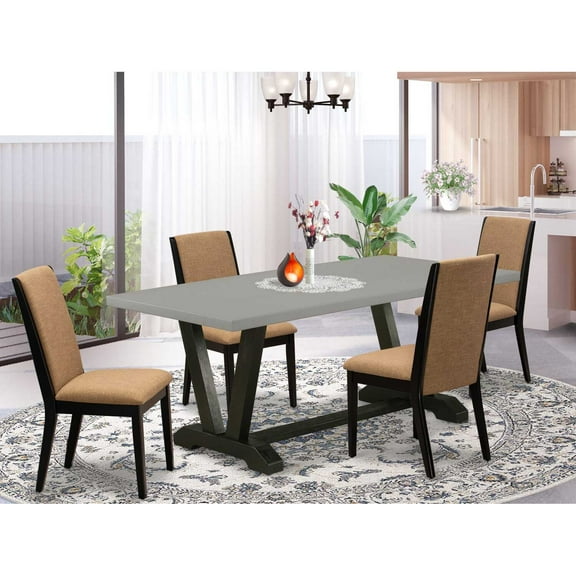 East West Furniture V697LA147-5 5-Piece Fashionable Rectangular Dining Room Table Set a Great Cement Color rectangular Table Top and 4 Awesome Linen Fabric Padded Chairs with Stylish Chair Back, Wire