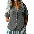 thumbnail image 2 of TGSLY Lace Crochet Trim Placket Tops for Women Notched V Neck Short Sleeve Blouses Loose Fit Dressy Casual Full Button Front Solid Color Tshirts S, 2 of 7