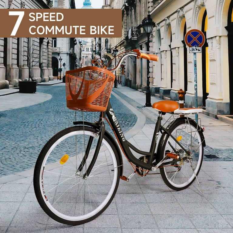 Free Shipping ARTUDATECH 26 Inch Beach Cruiser Bike for Women 7 Speed Commute Bike for Adults Women Bicycle with Adjustable Seat and Basket Walmart