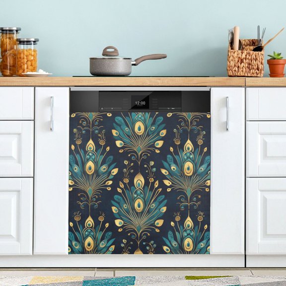Yayeee Magnetic Dishwasher Cover for The Front Decoration Home Kitchen Machine Sticker Protector, Gold Peacock Pattern