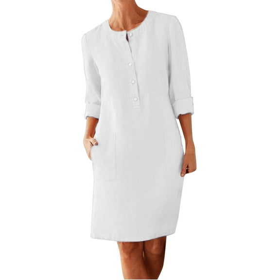 VUPSGEZ Womens Wrap Dress Summer Women Cotton And Linen Button Shirt Dress Plus Size Crewneck Long Sleeve Casual Loose Dresses With Two Pockets Summer Work Dresses(White,XXXXL)
