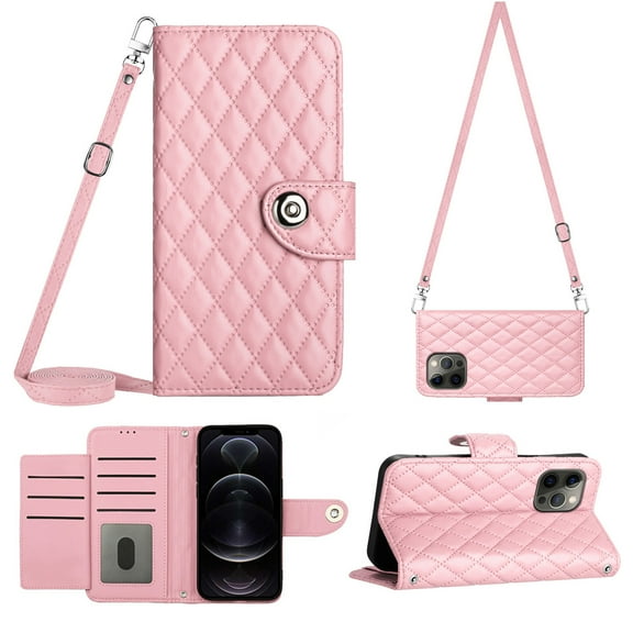 Crossbody Strap Case for iPhone 15 Pro Max Wallet case Women Girls 【RFID Blocking】For iPhone 15 Pro Max, Crossbody Phone case Magnetic Closure Flip Cover Credit Card Holder Kickstand, Pink