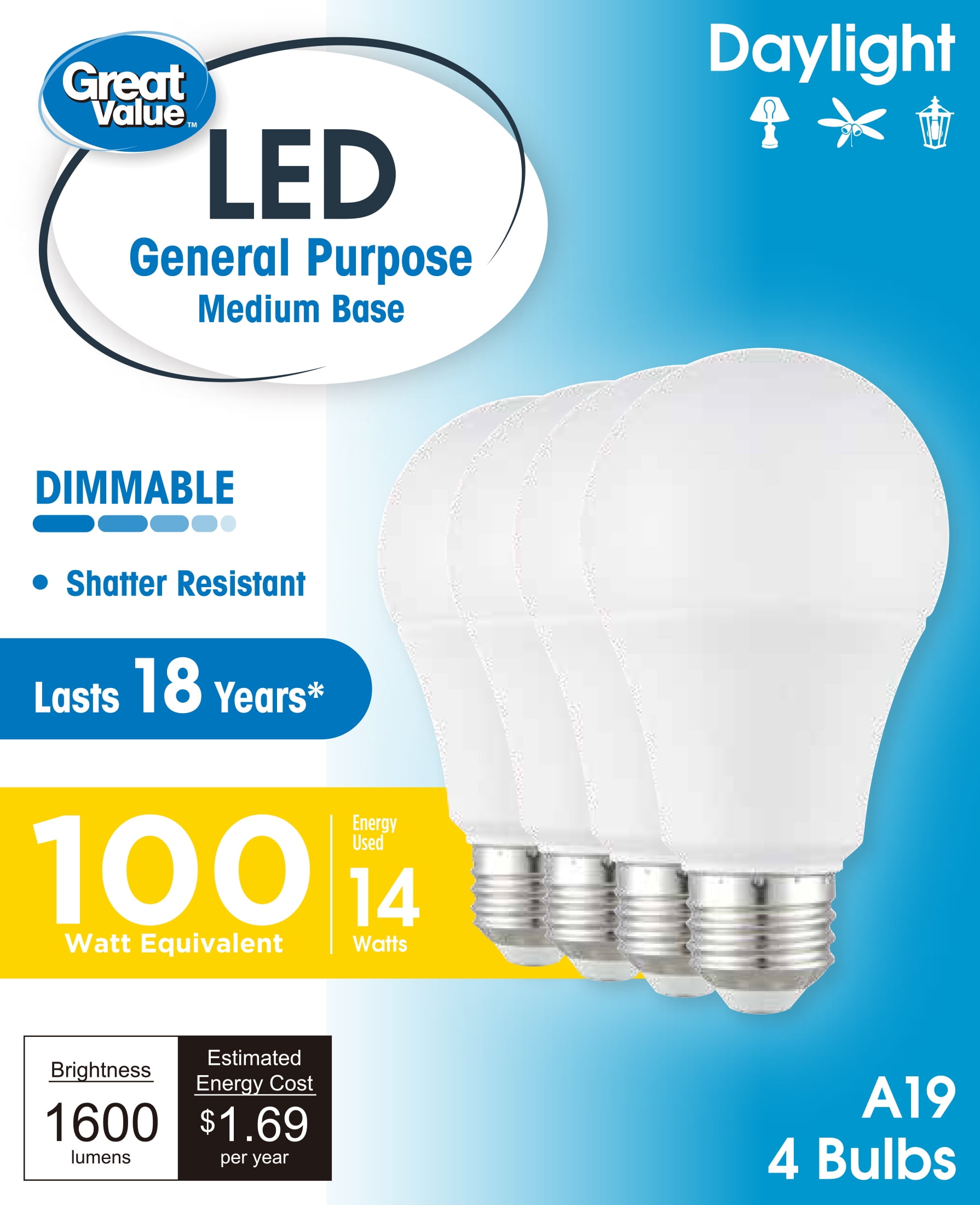Great Value 18YR A19 LED Light Bulb, 13W (100W Equivalent) Dimmable, Daylight E26 Medium Base, 4 Pack