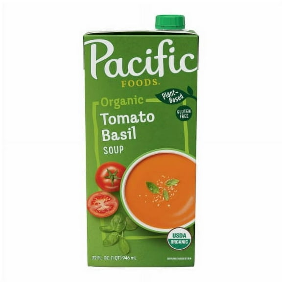 Pacific Foods Organic Tomato Basil Soup, Plant Based, 32 oz Carton ( Pack of 2 )