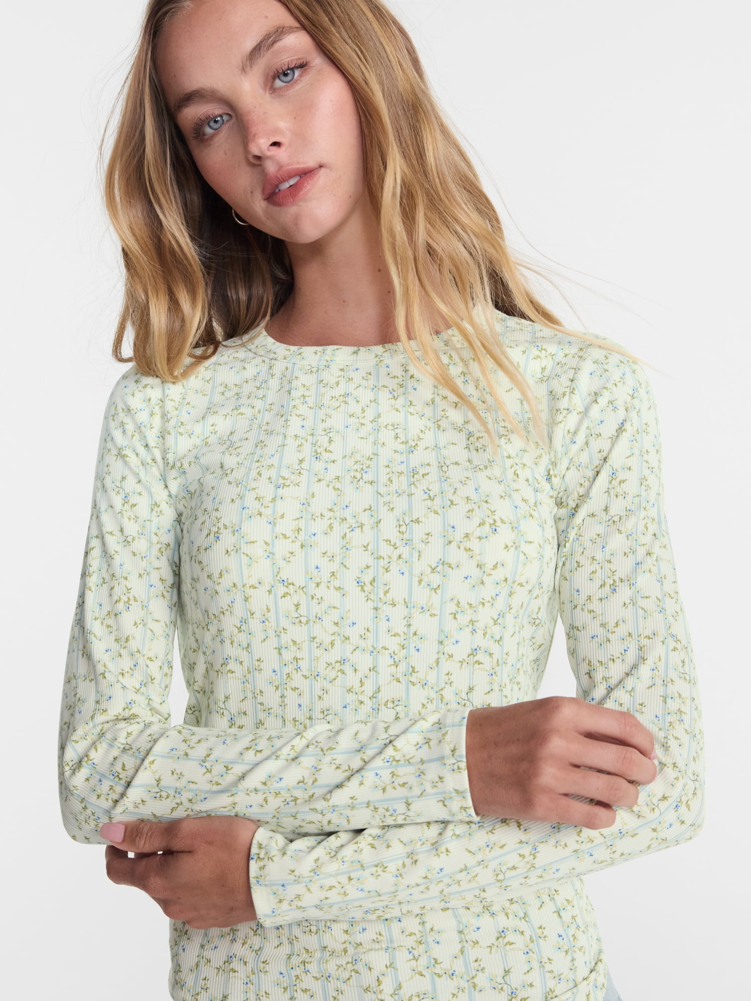 No Boundaries Ribbed Crewneck Tee with Long Sleeves, Women's and Women's Plus XXS-4X