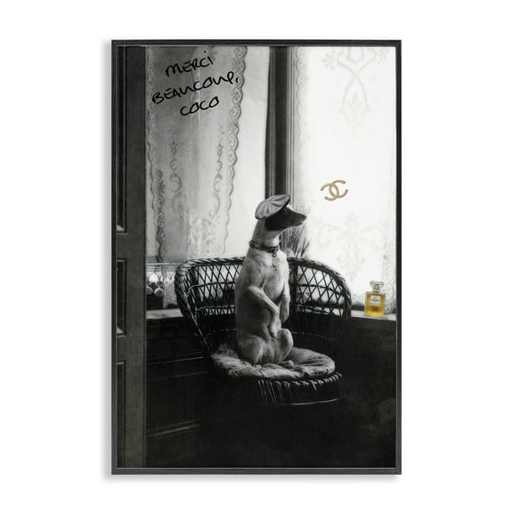 Stupell Industries Chic Dog with French Words Animals Painting Black Framed Art Print Wall Art, 12 x 18