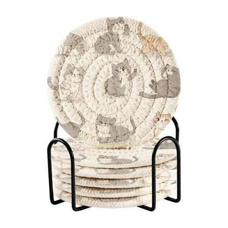 

6-Pack Coiled Coasters Set with Storage Rack Heat-Resistant for Home Office or Gift Cute Cat Characters (3.94in Diameter)